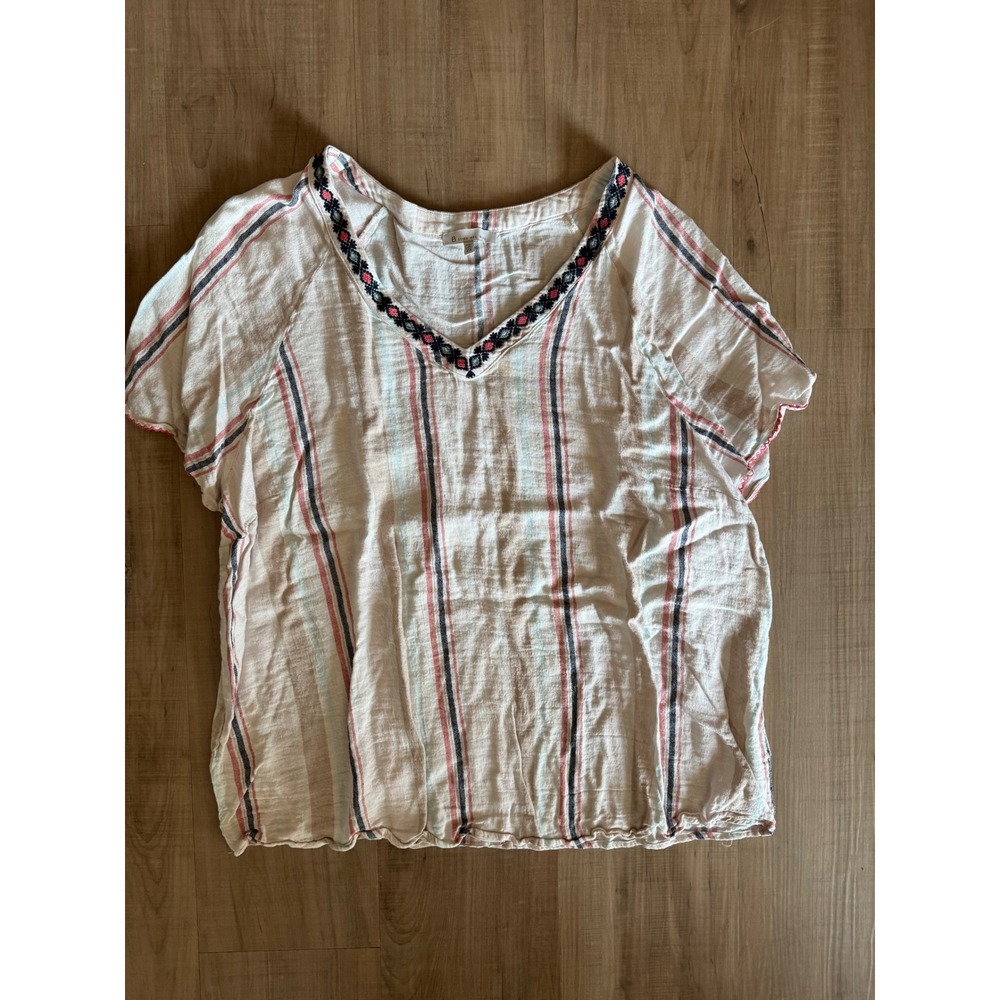 Womens 2X Striped Linen Blend Boho Embroidered V-Neck Gauze Blouse Short Sleeve